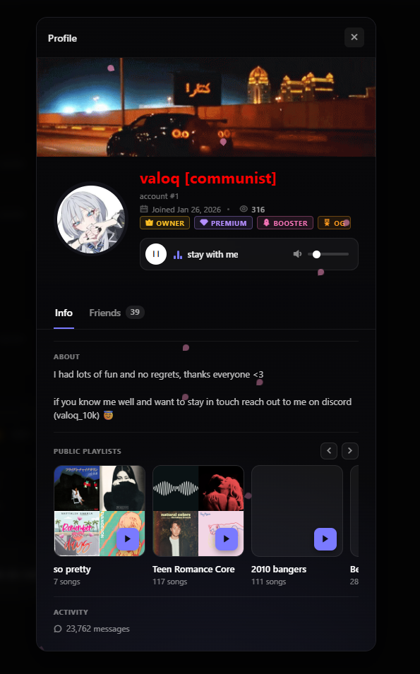 valoq's profile on the site, signing off
